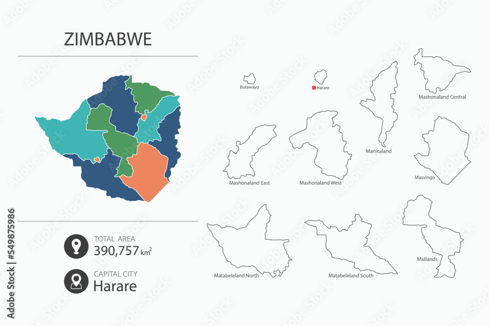 Fototapeta premium Map of Zimbabwe with detailed country map. Map elements of cities, total areas and capital.
