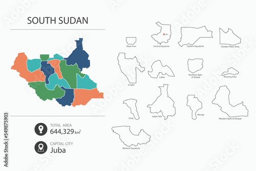 Map of South Sudan with detailed country map. Map elements of cities  total areas and capital.
