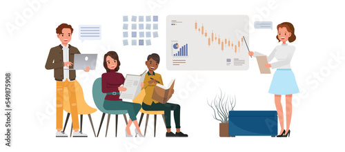 Business management concept. Office man and woman character vector design. Business people working in office planning, thinking and economic analysis on isolated white background.