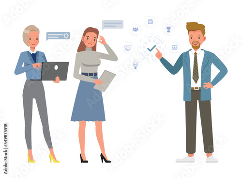 Business management concept. Office man and woman character vector design. Business people working in office planning, thinking and economic analysis on isolated white background.