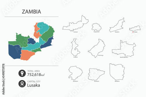 Map of Zambia with detailed country map. Map elements of cities  total areas and capital.