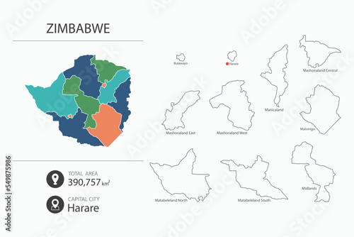 Map of Zimbabwe with detailed country map. Map elements of cities  total areas and capital.