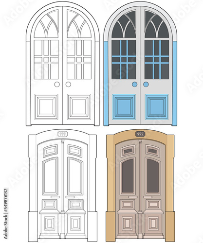 Set of old door vector art.  Old door isolated on white background. old door in line art style vector. for coloring book