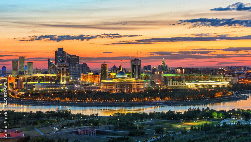 View of the central part of Astana city with the residence of the President of Kazakhstan under the expressive summer sky