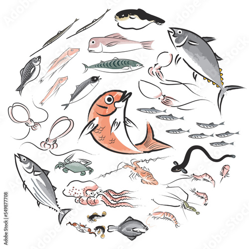 魚のイラスト　海鮮素材　江戸時代　町人　商人　商売　商売道具　商品　食べ物　飲食　日本人　侍　武士　農民