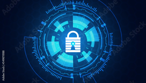 abstract network circle digital cyber security padlock connection and communication futuristic on blue background.