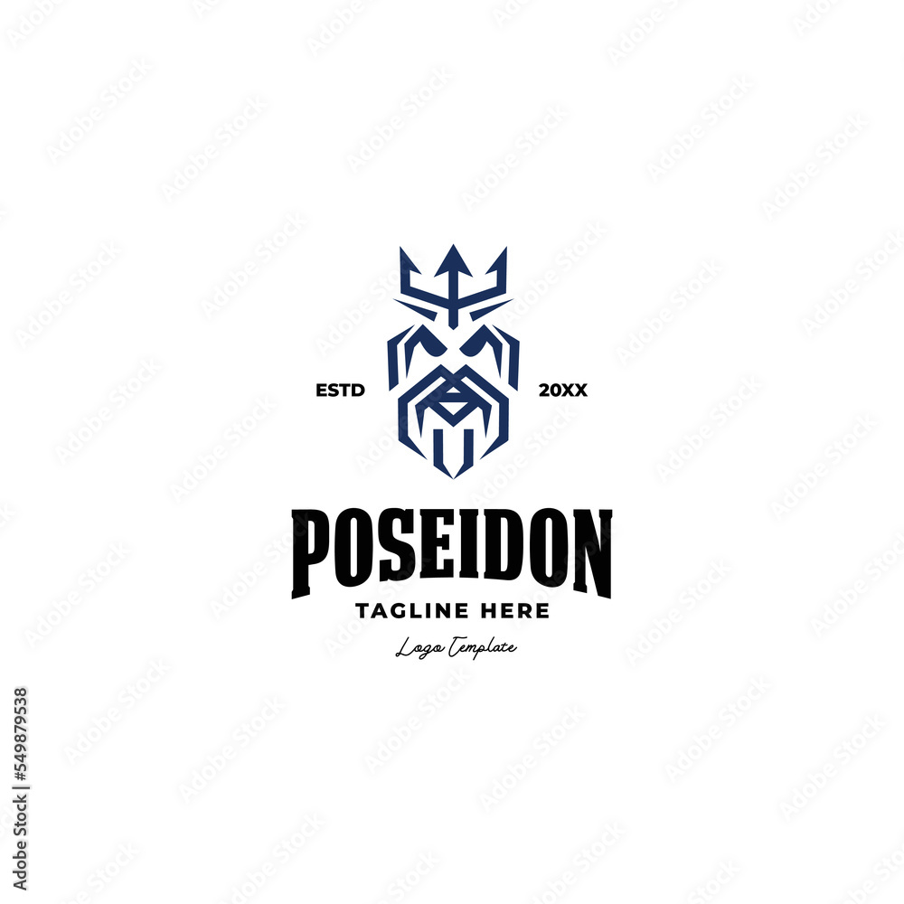 simple poseidon king with trident crown logo icon vector template