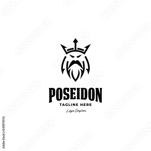 simple poseidon king with trident crown logo icon vector template