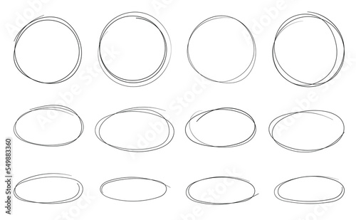 Hand drawn circle, ellipse and lower degree ellipse. Set of doodle of ovals and bubbles.  photo