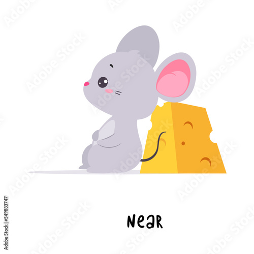 Little Mouse Sitting Near Yellow Cheese Slab as English Language Preposition for Educational Activity Vector Illustration
