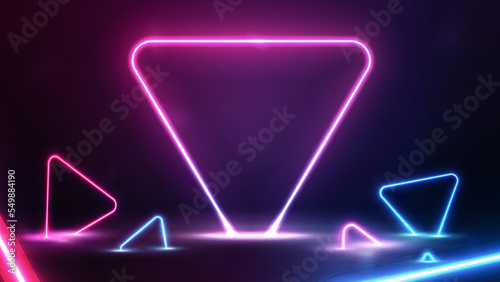 Neon pink frame on dark scene with neon blue and pink triangles around