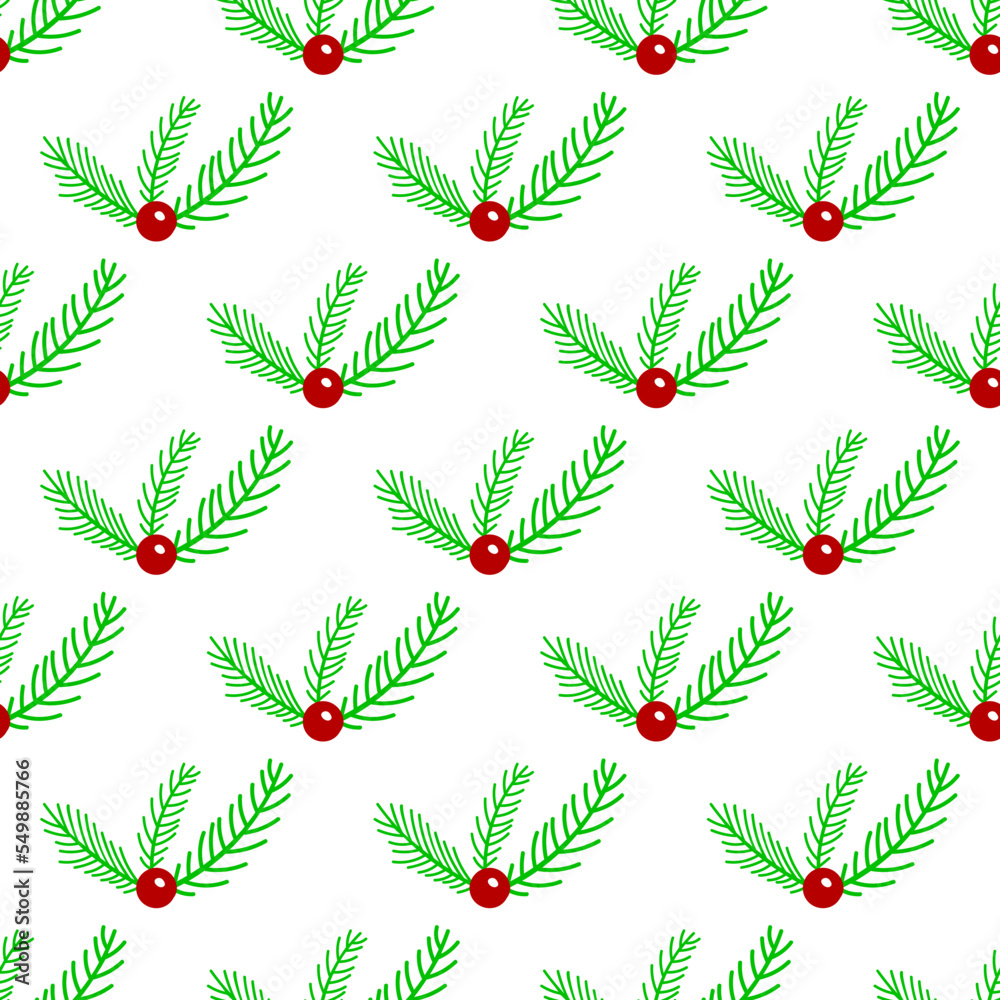 Hand drawn Merry Christmas and Happy New Year seamless pattern. Doodle cartoon fir tree branches and red berries. Colorful holiday design Hand drawn Merry Christmas and Happy New Year seamless pattern. Doodle cartoon fir tree branches and red berries. Colorful holiday design