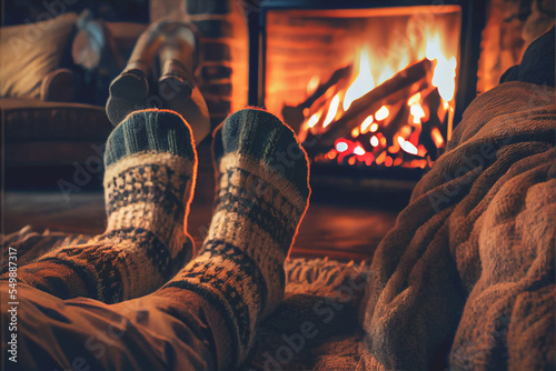 Couple resting by the Christmas fireplace. Winter and Christmas holidays concept.