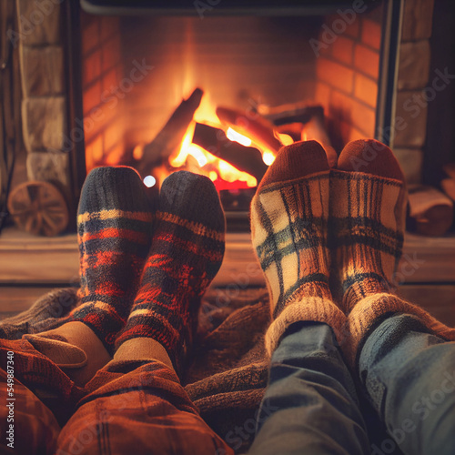 Couple resting by the Christmas fireplace. Winter and Christmas holidays concept.