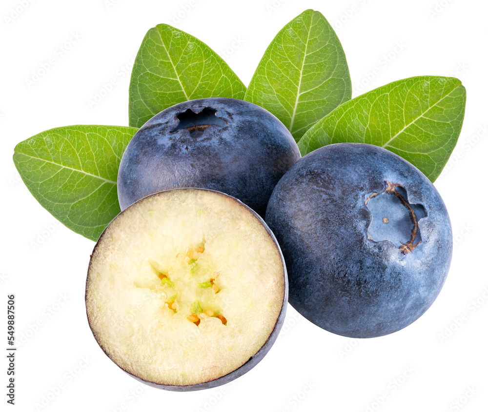 Obraz premium Blueberries fruit with leaf on white background, Fresh Blueberry on White Background PNG File.