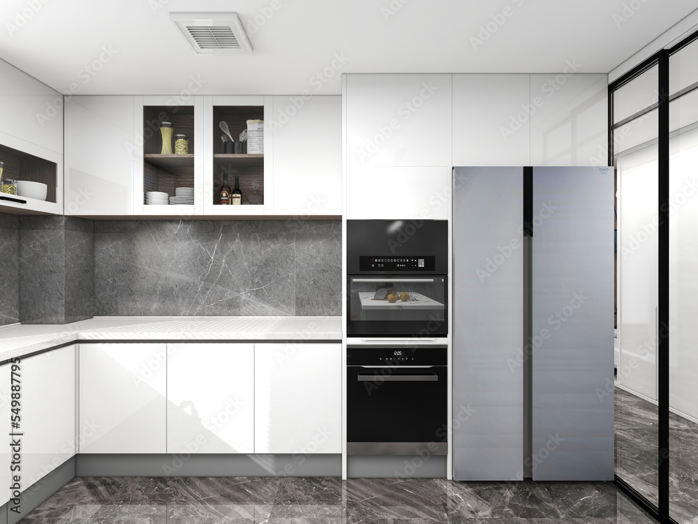 3D rendering, bright kitchen design 3D rendering, bright kitchen design