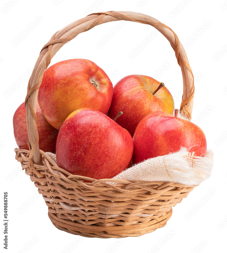 Basket of Fresh Red apple on white background, Red Envy apple with leaves on white background PNG File. Basket of Fresh Red apple on white background, Red Envy apple with leaves on white background PNG File.