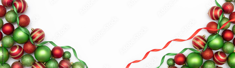 Elegant Christmas flatlay mockup banner with red and green balls and ribbons Elegant Christmas flatlay mockup banner with red and green balls and ribbons