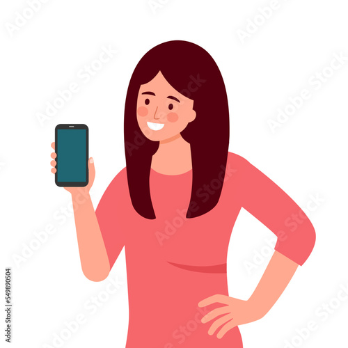 Woman showing mobile phone screen in flat design on white background.