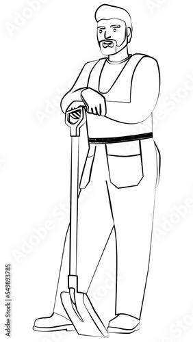 Outline of man in work overalls stands leaning on shovel, isolated on white. Design element.