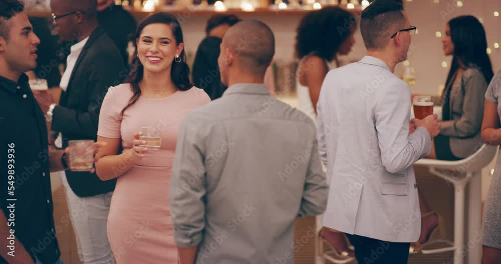 Friends, happy and social at party, event or celebration for drinks, champagne or wine together. Diversity, office or staff party for happiness, networking and drinking or talking at night