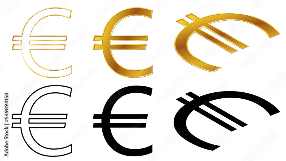 Obraz premium European Union Euro EUR currency golden signs, silhouette and outline isometric top and front view isolated on white background. Currency by the European Central Bank. Clipart.
