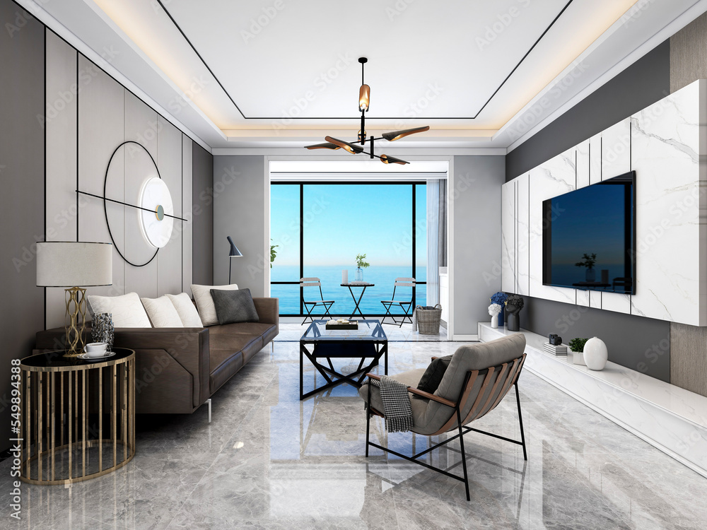 Fototapeta premium 3D rendering, modern living room design