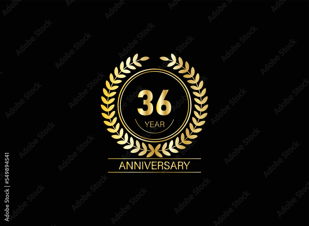 36 year anniversary celebration. Anniversary logo with ring and elegance golden color isolated on black background, vector design for celebration. 36 year anniversary celebration. Anniversary logo with ring and elegance golden color isolated on black background, vector design for celebration.