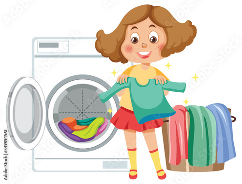 Cartoon girl doing laundry with washing machine