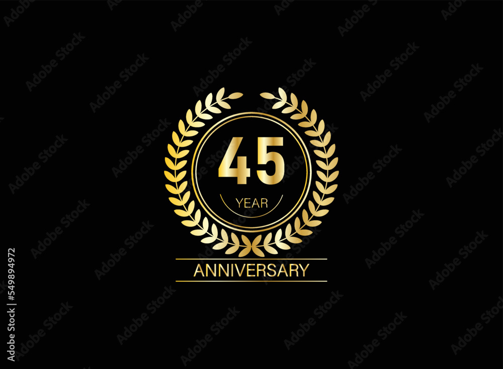 45 year anniversary celebration. Anniversary logo with ring and elegance golden color isolated on black background, vector design for celebration. 45 year anniversary celebration. Anniversary logo with ring and elegance golden color isolated on black background, vector design for celebration.