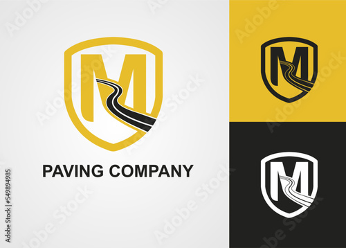 Initial M Letter with Street Asphalt, Paving and Shield for Construction Business Logo Template idea. Maintenance Roadwork