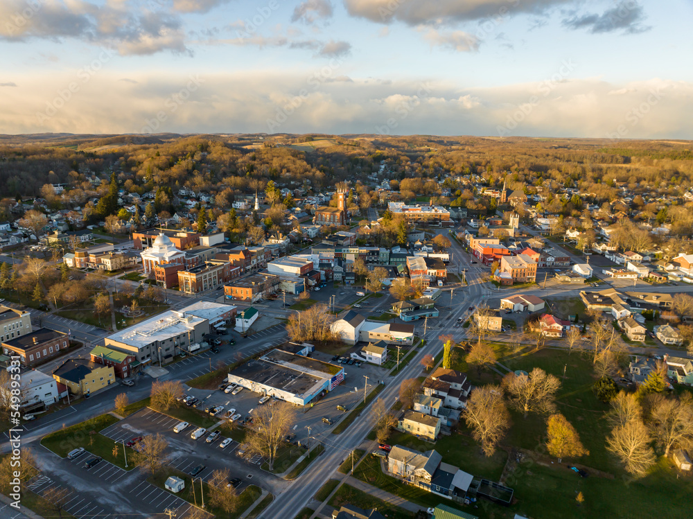 November 20, 2022 Afternoon fall, autumn aerial drone photo of the Hamlet of Lyons New York, USA.	