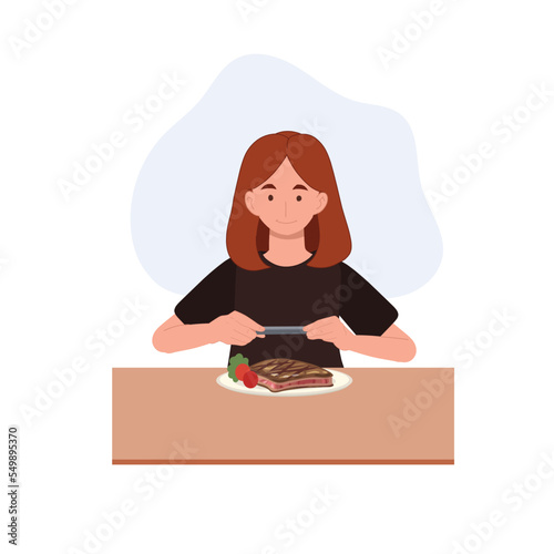 Happy Woman taking a photo of her food. Flat vector cartoon character illustration.