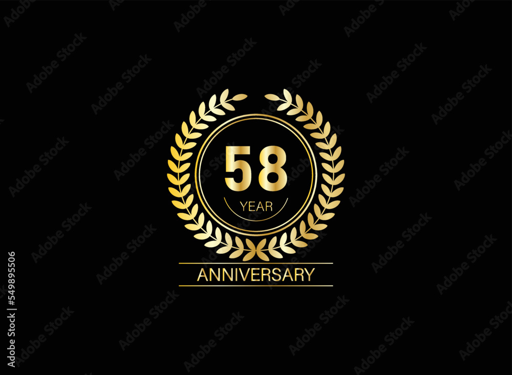Naklejka premium 58 year anniversary celebration. Anniversary logo with ring and elegance golden color isolated on black background, vector design for celebration.