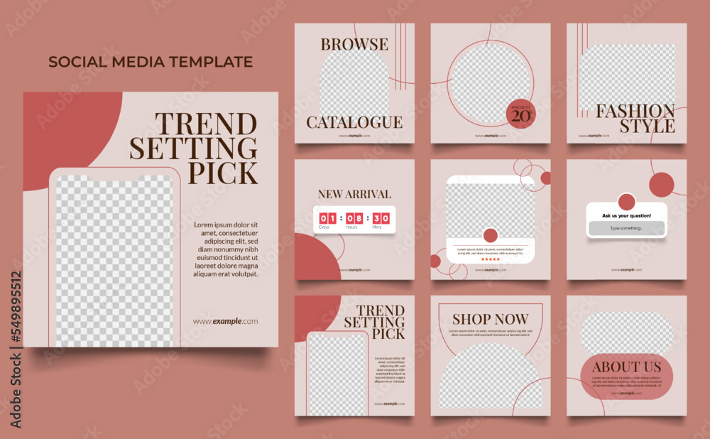 social media template banner fashion sale promotion in red brown color. fully editable instagram and facebook square post frame puzzle organic sale poster.