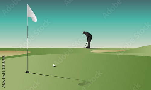Golfclub competition poster. Template for golf competition or championship event. Blue sky and green golf field. © OnePencils