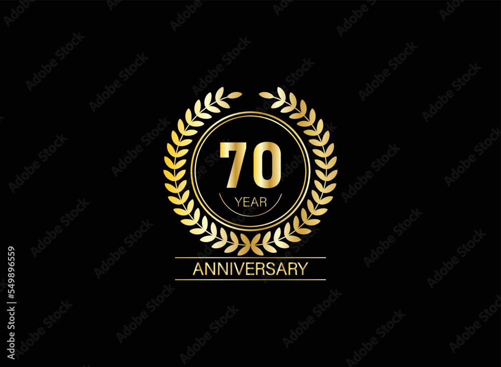 70 year anniversary celebration. Anniversary logo with ring and elegance golden color isolated on black background, vector design for celebration. 70 year anniversary celebration. Anniversary logo with ring and elegance golden color isolated on black background, vector design for celebration.