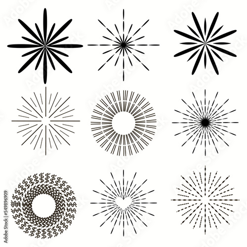 Set of black sun burst vector illustration. Circle form. Abstract background. Star rays.