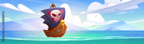 Pirate ship with black sails with skull in sea. Ocean landscape with wooden corsair boat, mountains on horizon and flying birds. Seascape with pirate sailboat, vector cartoon illustration
