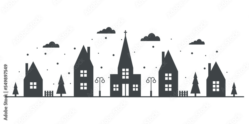 Suburban neighborhood winter landscape. Silhouette of houses and church on the skyline with snowflakes. Countryside cottage homes. Vector illustration.