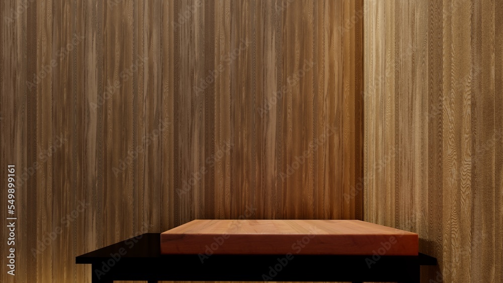 Blank wood display on wood background with minimal style and spot light. Blank stand for showing product. 3D rendering. Blank wood display on wood background with minimal style and spot light. Blank stand for showing product. 3D rendering.