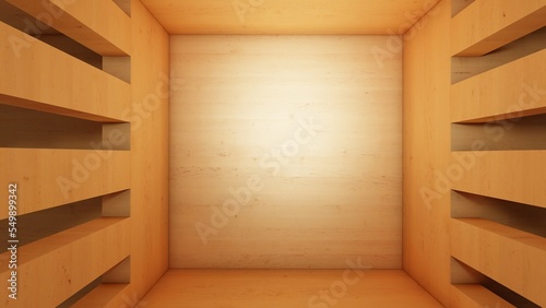 Fototapeta Naklejka Na Ścianę i Meble -  Blank wood display on wood background with minimal style and spot light. Blank stand for showing product. 3D rendering.