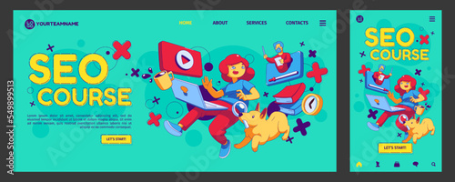 Seo courses landing page, app ui ux onboard screen. Concept with contemporary character with laptop learning search engine optimization tutorial distantly via internet, Cartoon linear vector templates