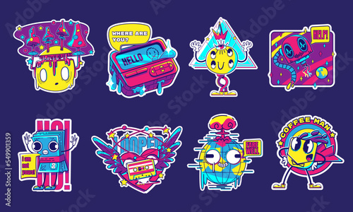 Funny retro stickers isolated on background. Contemporary vector illustration of weird colorful characters, emoji, vintage player, winged heart, casette tape, alien, coffee, money, scared earth planet