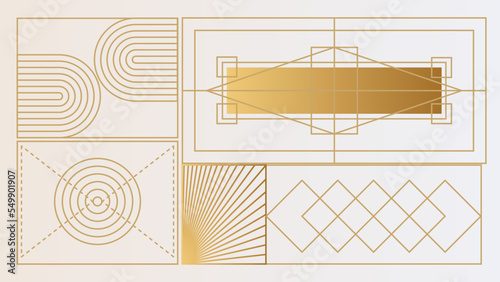 Art deco background with golden line and geometric shape on white background. Design element for wedding template, greeting card, retro card, art deco line frame border. Vector illustration © TitikBak