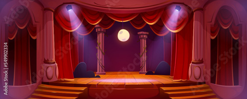 Theater stage with red curtains, spotlights and moon. Theatre interior with empty wooden scene, stairs, velvet drapes and decoration, music hall, opera, drama cartoon background, Vector illustration