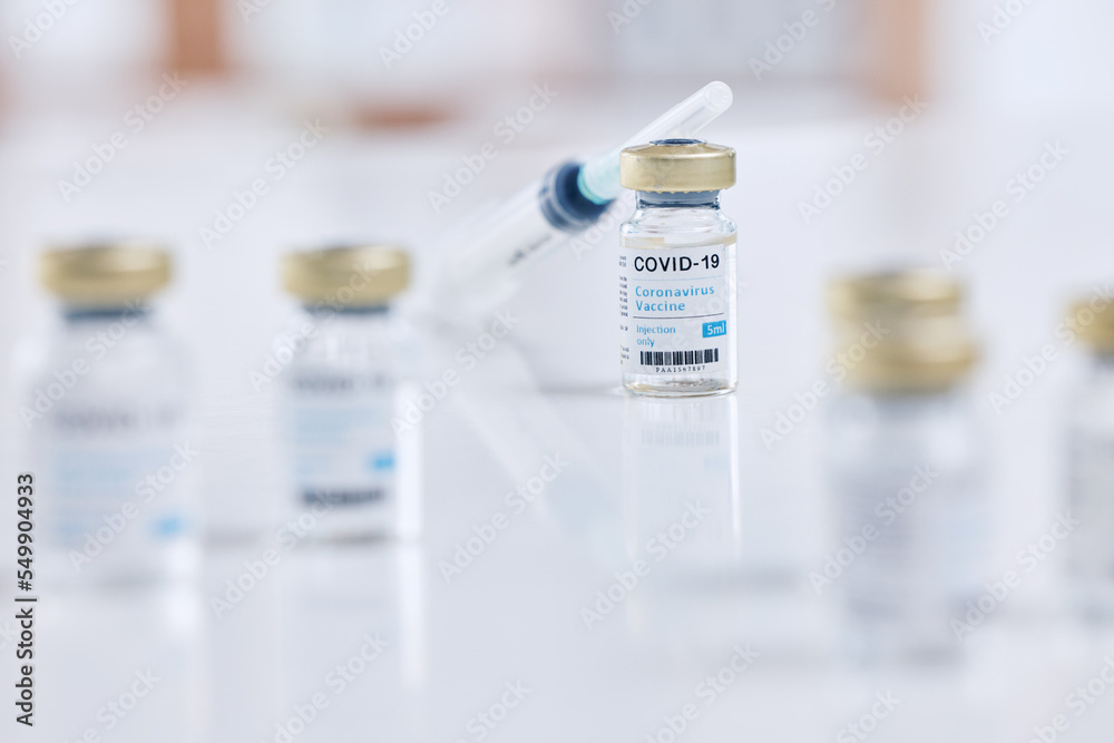 Background, covid vaccine and injection, vial bottle and medicine for innovation and research with science product in hospital lab. Needle, corona virus safety in healthcare development for clinic