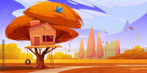Autumn landscape of backyard with tree house, grass and fence. Wooden treehouse with ladder and swing for children in park or garden, vector cartoon illustration