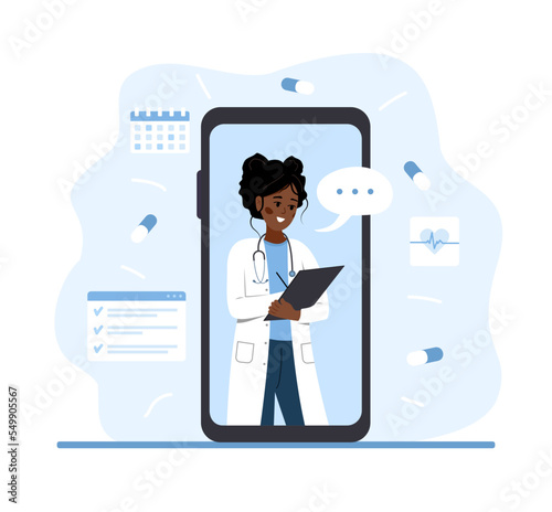 Online prescription. African woman doctor on smartphone screen. Virtual medical consultation. Therapist writing medical recipe. Healthcare concept. Vector illustration in flat cartoon style.