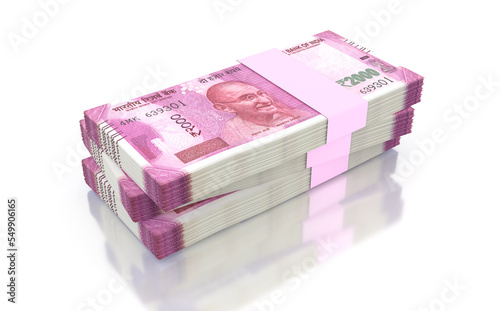 Indian Rupee 2000 Currency Note Bundles isolated on White Background - 3D Illustration